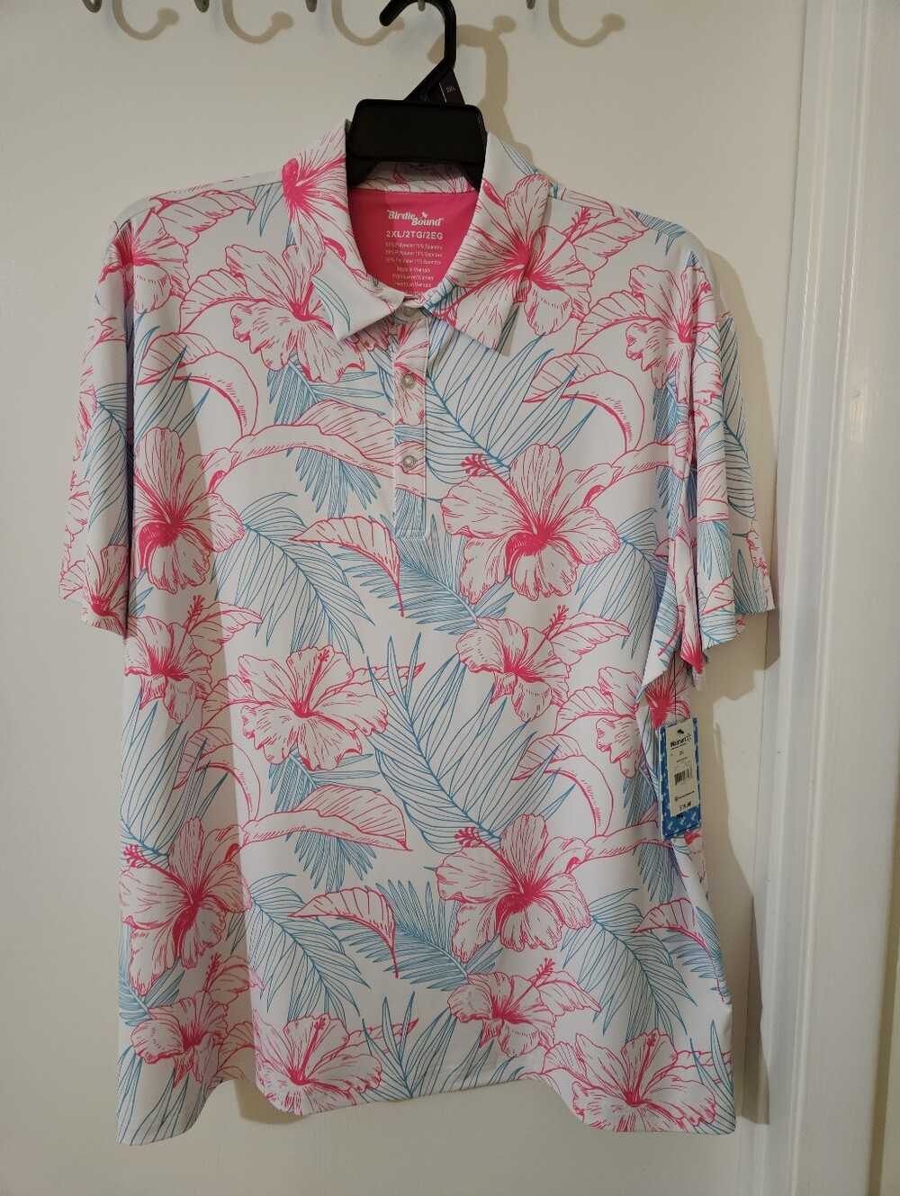 Birdie Bound Mens 2XL Golf Polo Shirt White Hot Pink Hibiscus Stretch NWT